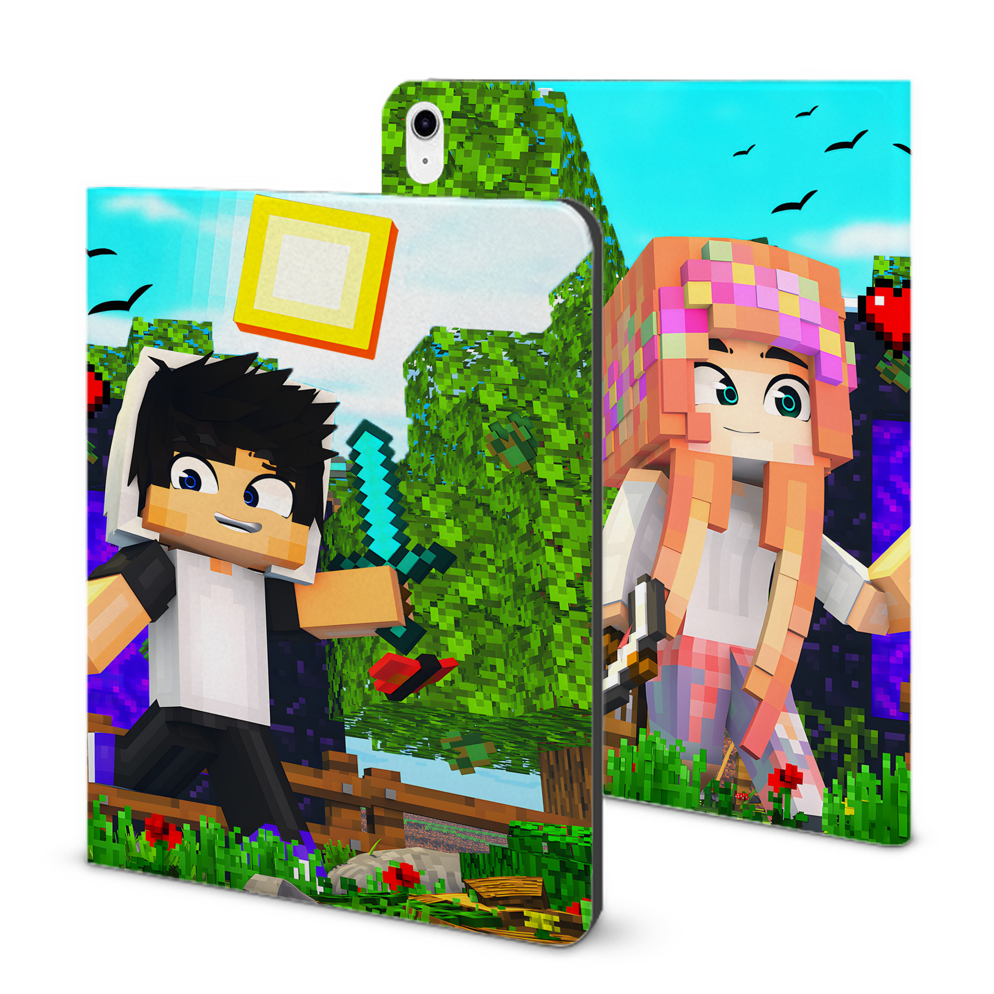 （画像用） マインクラフト ブロックの世界 Minecraft MC Block world IPad ケース ブック型 PUレザー TPU 耐衝撃 軽量 薄型 ペン収納なし 全面保護 IPad 各モデル対応